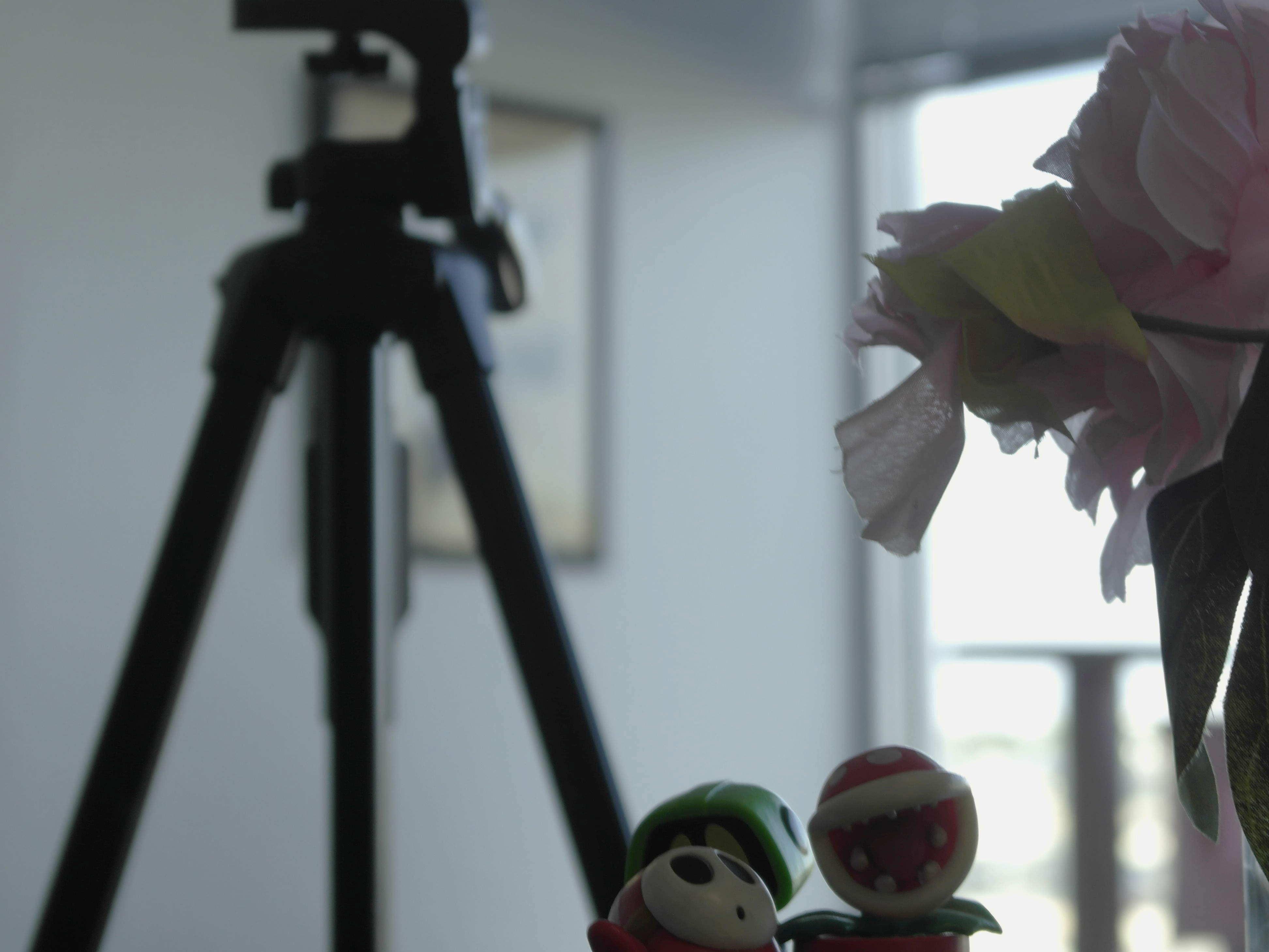 piranha plant and little robot desk-decor, next to a pink flow in a clear vase in the foreground. In front of a tripod. With a cat tree and window in the background
